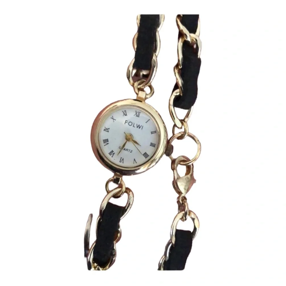 Quartz Black chain Wrap Watch gold and suede w/ lobster clasp